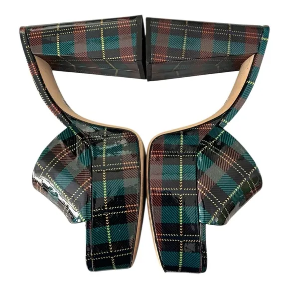Larroude Dolly Mule Blue Tartan Patent 5” Platforms Plaid Women’s Size 10 luxury
