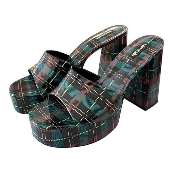 Larroude Dolly Mule Blue Tartan Patent 5” Platforms Plaid Women’s Size 10 luxury