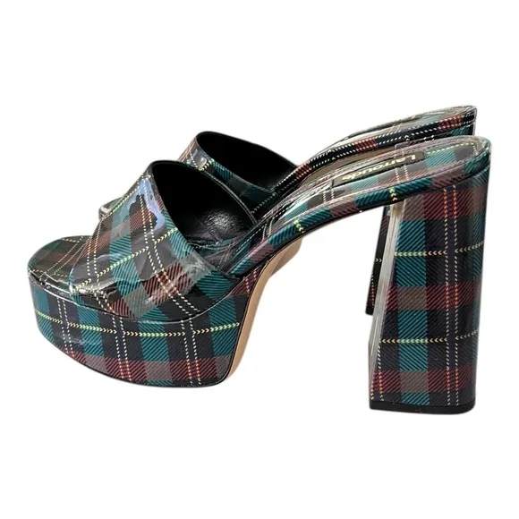 Larroude Dolly Mule Blue Tartan Patent 5” Platforms Plaid Women’s Size 10 luxury
