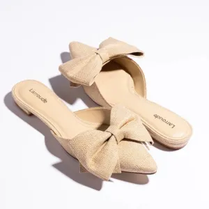 Larroude Elle Flat Mule In Beige Raffia