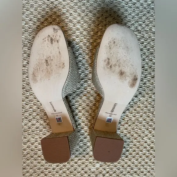 Larroude Flora Mules Raffia Gold Natural Block Heel Sandals size 10