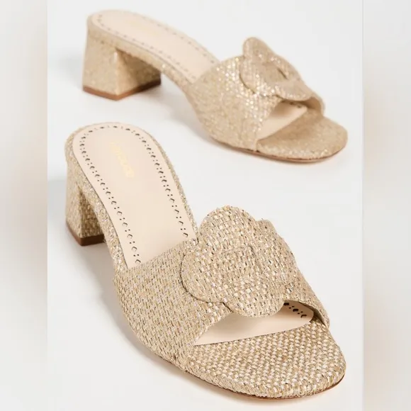 Larroude Flora Mules Raffia Gold Natural Block Heel Sandals size 10