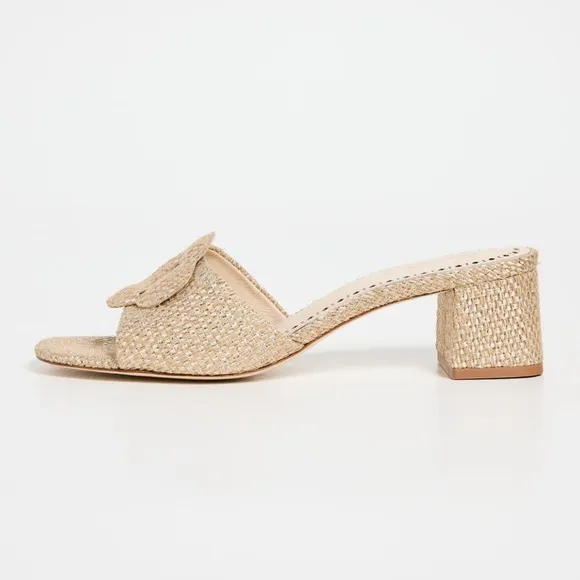 Larroude Flora Mules Raffia Gold Natural Block Heel Sandals size 10