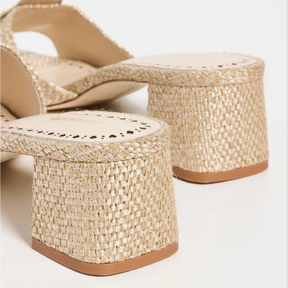 Larroude Flora Mules Raffia Gold Natural Block Heel Sandals size 10