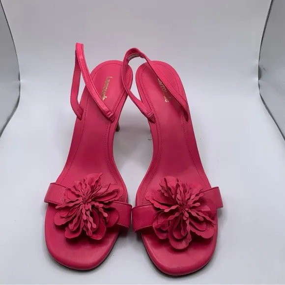 Larroude Hibiscus Slingback Sandal size 9.5 leather heels floral EUC 1191