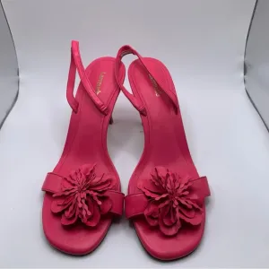 Larroude Hibiscus Slingback Sandal size 9.5 leather heels floral EUC 1191