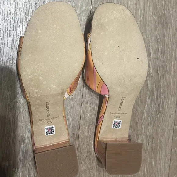 Larroude Orange and Pink Mules with Wooden Heel