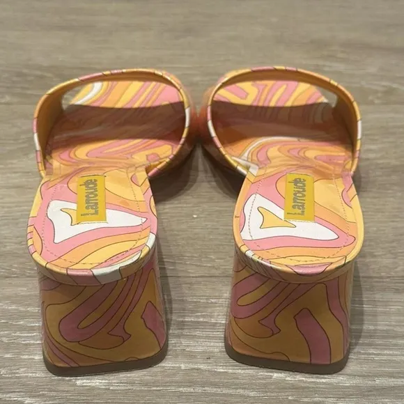 Larroude Orange and Pink Mules with Wooden Heel