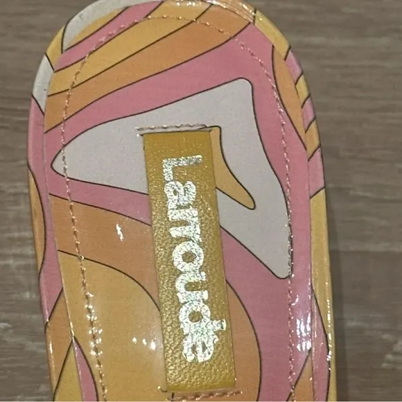 Larroude Orange and Pink Mules with Wooden Heel
