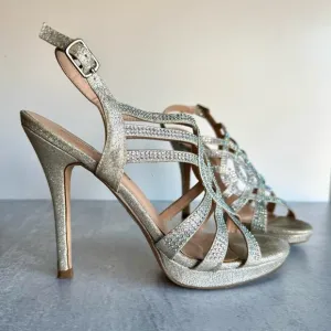 LAUREN LORRAINE Silver Metallic Platform Stiletto Heels with Crystals, Size 6.5
