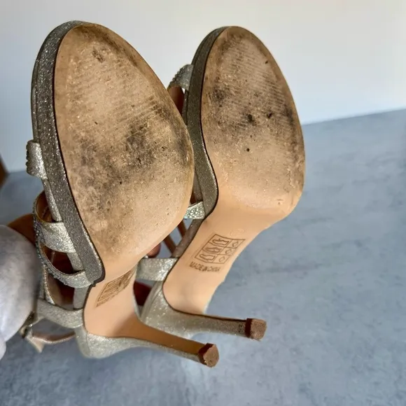 LAUREN LORRAINE Silver Metallic Platform Stiletto Heels with Crystals, Size 6.5