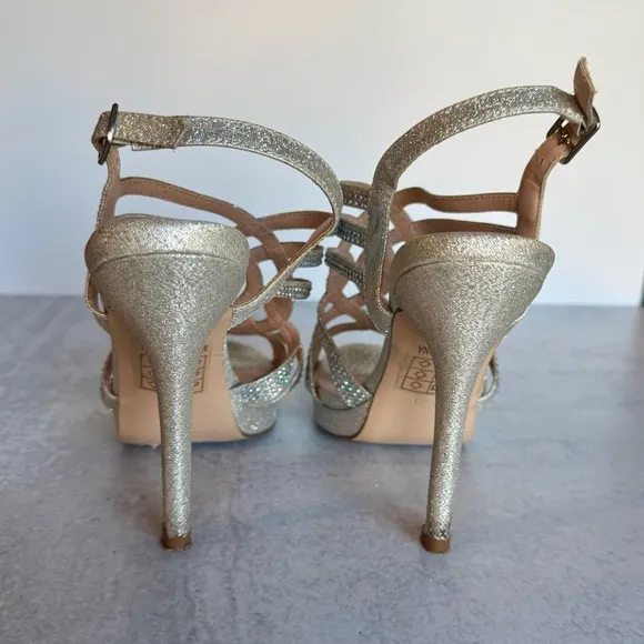 LAUREN LORRAINE Silver Metallic Platform Stiletto Heels with Crystals, Size 6.5