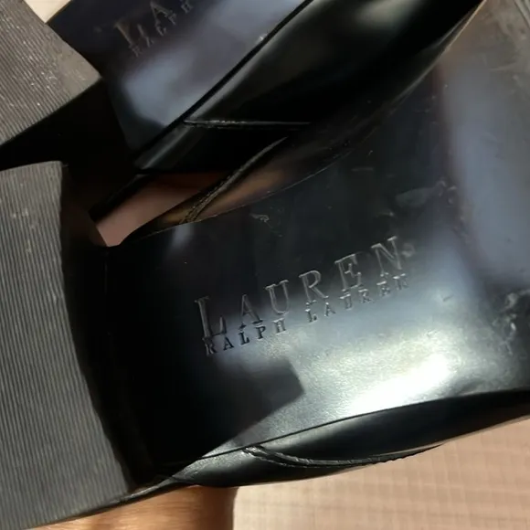 Lauren Ralph Lauren ‘Bethel’ Shiny Black Mules w/ Block Heel &amp; Logo Band Sz 8.5B