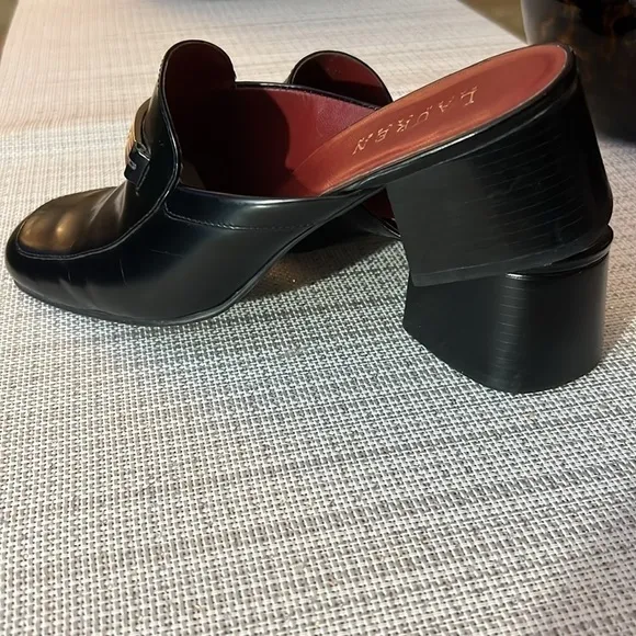 Lauren Ralph Lauren ‘Bethel’ Shiny Black Mules w/ Block Heel &amp; Logo Band Sz 8.5B