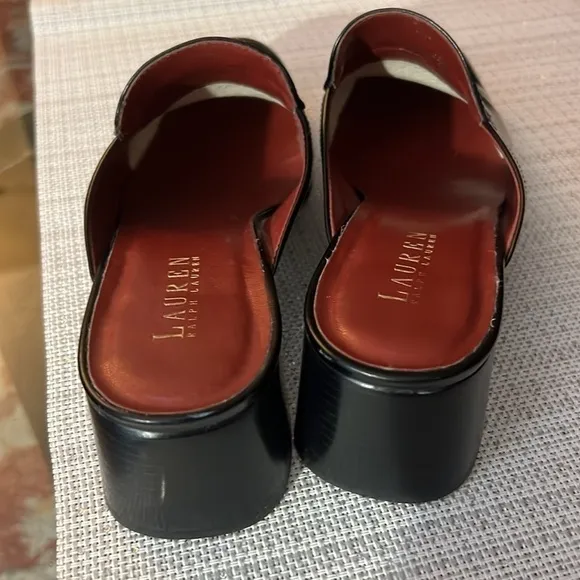 Lauren Ralph Lauren ‘Bethel’ Shiny Black Mules w/ Block Heel &amp; Logo Band Sz 8.5B