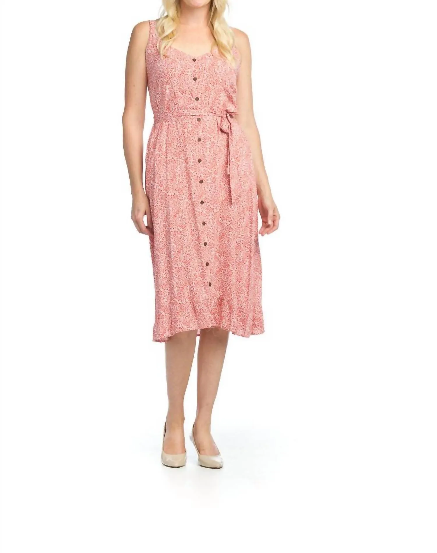 Leaf Print Dress With Smocked Back And Tie Belt In Coral
