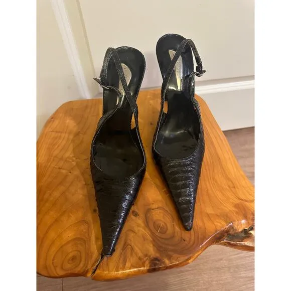 Lenny e CIA Designer Snakeskin Print Black Heels Slingback Pumps Sz 36 US 5.5