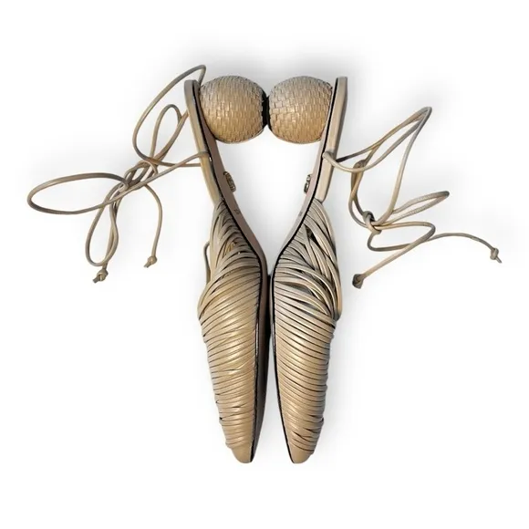 Lenny Lu Miranda Moroccan Leather Tan Cocoon Slip On Mules W/ basket heels