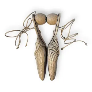Lenny Lu Miranda Moroccan Leather Tan Cocoon Slip On Mules W/ basket heels