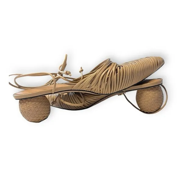 Lenny Lu Miranda Moroccan Leather Tan Cocoon Slip On Mules W/ basket heels