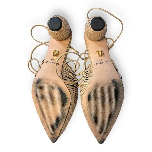 Lenny Lu Miranda Moroccan Leather Tan Cocoon Slip On Mules W/ basket heels