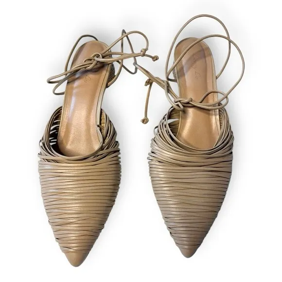 Lenny Lu Miranda Moroccan Leather Tan Cocoon Slip On Mules W/ basket heels