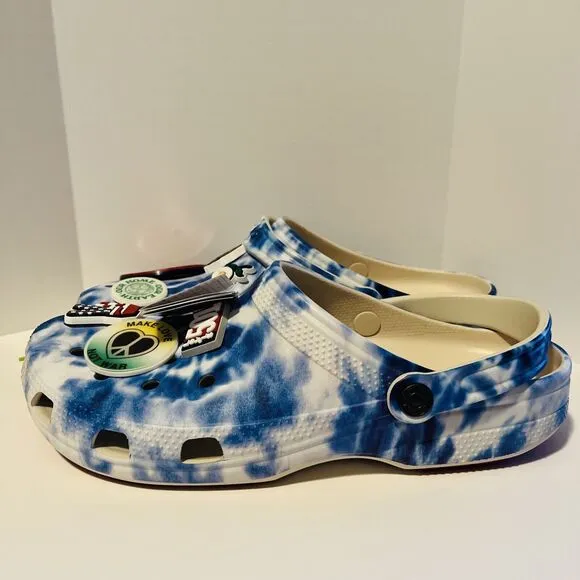 Levis X Crocs Classic Clog Blue Tie Dye Men's 12 Levi Strauss Peace Love Charms