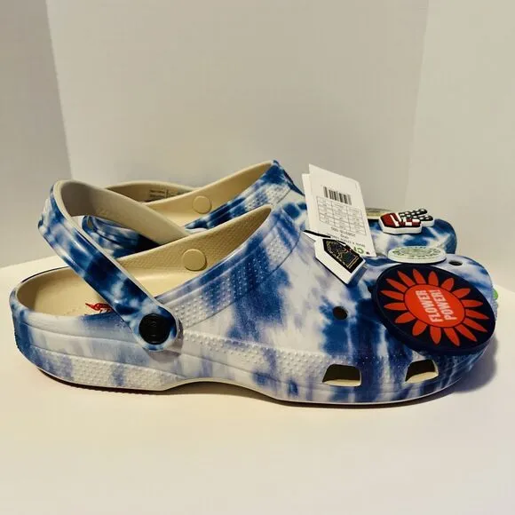Levis X Crocs Classic Clog Blue Tie Dye Men's 12 Levi Strauss Peace Love Charms