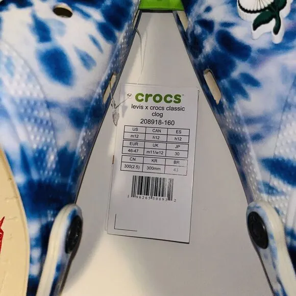 Levis X Crocs Classic Clog Blue Tie Dye Men's 12 Levi Strauss Peace Love Charms