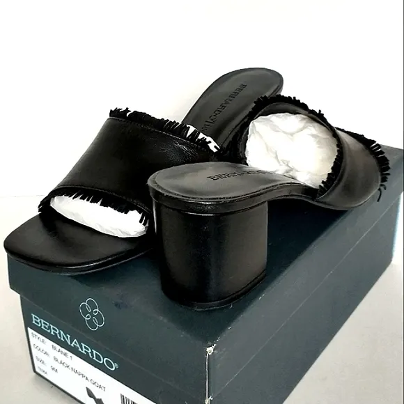 Like New Bernardo Icons Genuine Leather Blane 1 Fringed Block Heel Mules Size 9