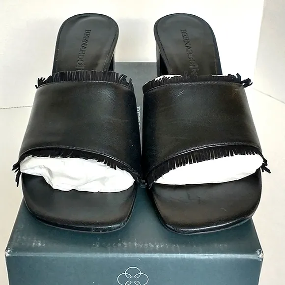 Like New Bernardo Icons Genuine Leather Blane 1 Fringed Block Heel Mules Size 9