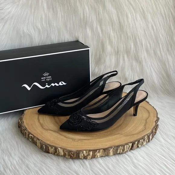 LIKE NEW Nina Taela slingback pointed toe black satin kitten heels