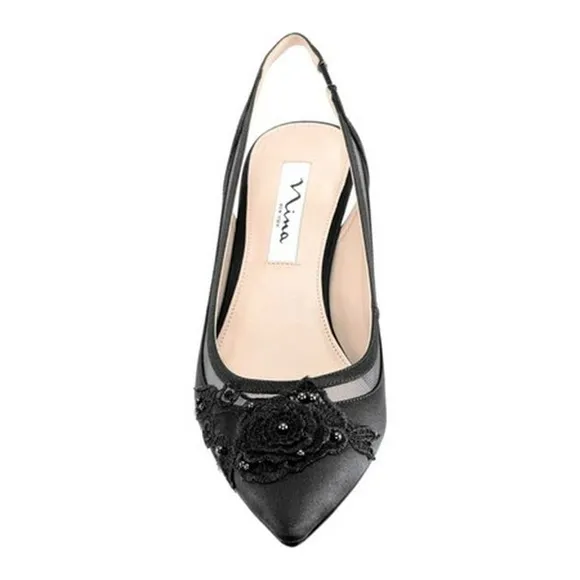 LIKE NEW Nina Taela slingback pointed toe black satin kitten heels