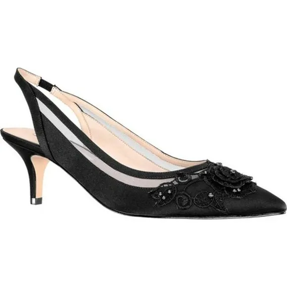 LIKE NEW Nina Taela slingback pointed toe black satin kitten heels