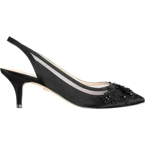 LIKE NEW Nina Taela slingback pointed toe black satin kitten heels