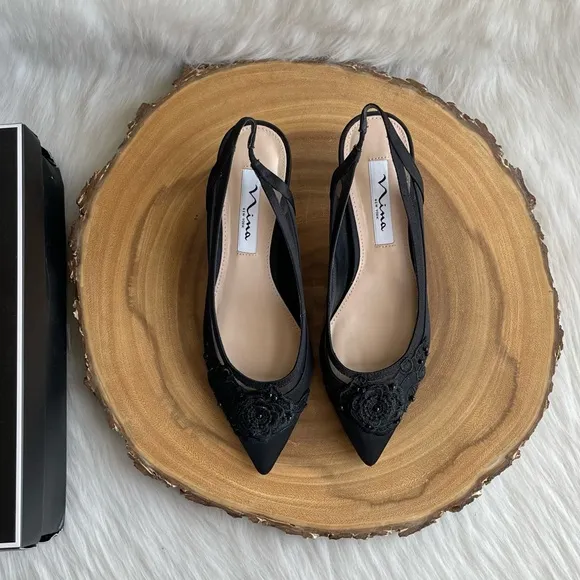 LIKE NEW Nina Taela slingback pointed toe black satin kitten heels