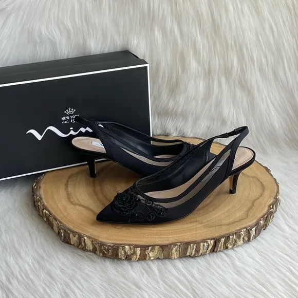LIKE NEW Nina Taela slingback pointed toe black satin kitten heels