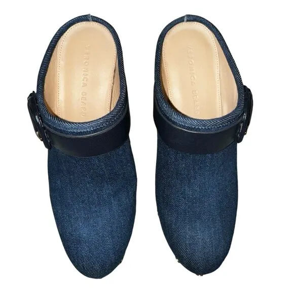Like new Veronica Beard Dacey Denim &amp; Navy Blue Leather Buckle Clogs Siz…