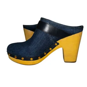 Like new Veronica Beard Dacey Denim &amp; Navy Blue Leather Buckle Clogs Siz…