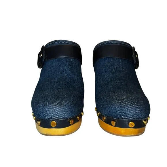Like new Veronica Beard Dacey Denim &amp; Navy Blue Leather Buckle Clogs Siz…