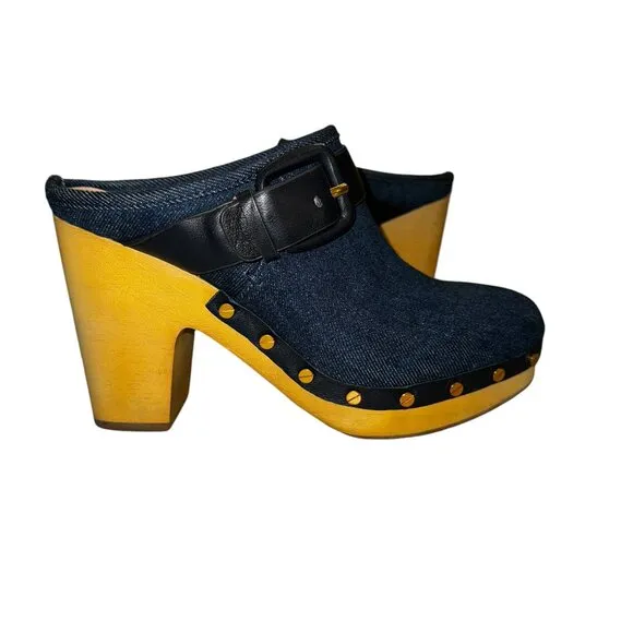 Like new Veronica Beard Dacey Denim &amp; Navy Blue Leather Buckle Clogs Siz…