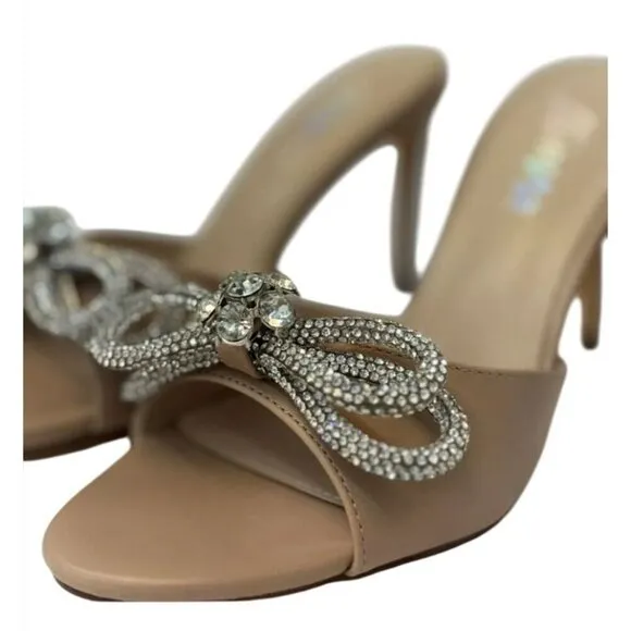 LILIANA / Zaha-4 / Beige / High Heel / Mules / With Rhinestone Bow Detail