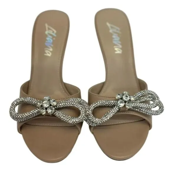 LILIANA / Zaha-4 / Beige / High Heel / Mules / With Rhinestone Bow Detail