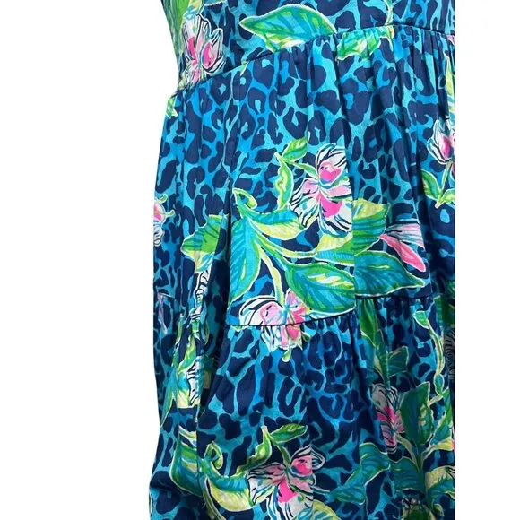 Lilly Pulitzer Womens Vintage Blue Green Floral Hawaiian Fit &amp; Flare Midi Dress