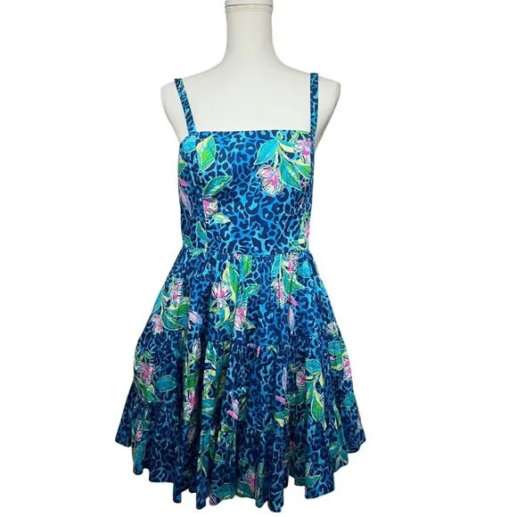 Lilly Pulitzer Womens Vintage Blue Green Floral Hawaiian Fit &amp; Flare Midi Dress