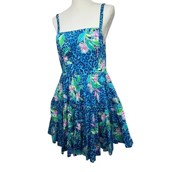 Lilly Pulitzer Womens Vintage Blue Green Floral Hawaiian Fit &amp; Flare Midi Dress