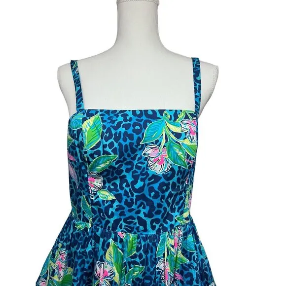Lilly Pulitzer Womens Vintage Blue Green Floral Hawaiian Fit &amp; Flare Midi Dress