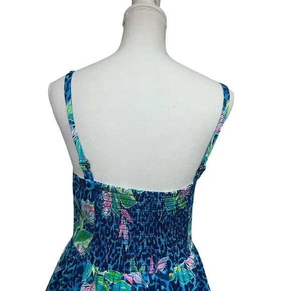 Lilly Pulitzer Womens Vintage Blue Green Floral Hawaiian Fit &amp; Flare Midi Dress