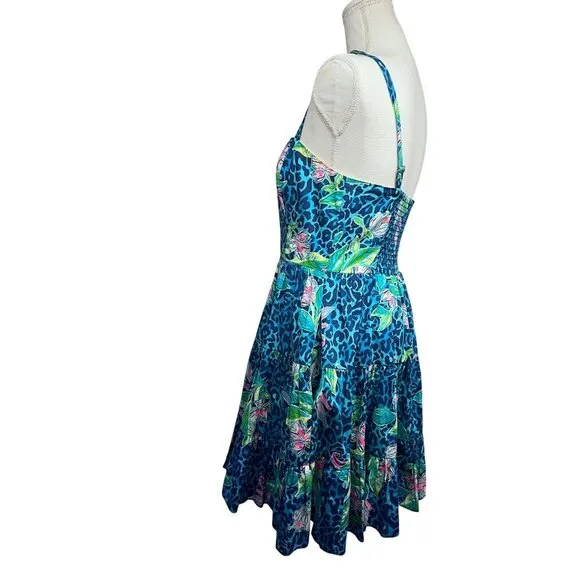 Lilly Pulitzer Womens Vintage Blue Green Floral Hawaiian Fit &amp; Flare Midi Dress