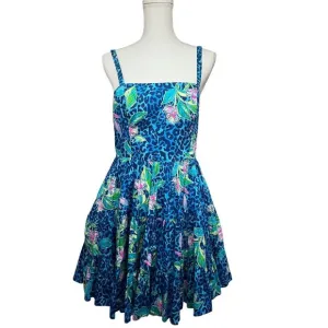 Lilly Pulitzer Womens Vintage Blue Green Floral Hawaiian Fit &amp; Flare Midi Dress